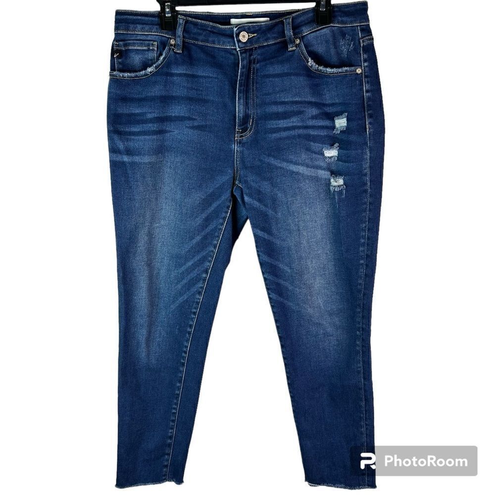 KanCan Los Angeles Raw Mid-Rise Distressed Women Blue Whiskered Jeans Sz 13/30